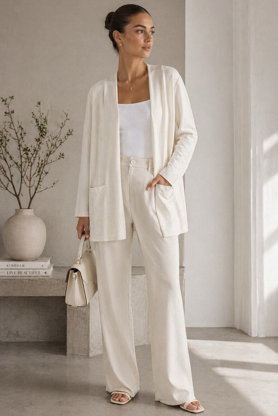 Eileen Fisher White Tencel Nylon Spandex LS Open Cardigan Pockets Jacket XL Tall